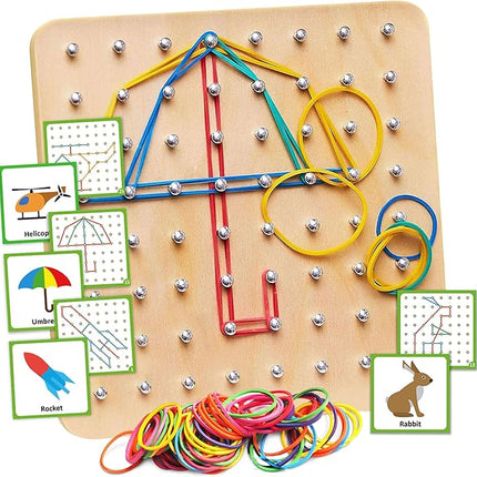 Panda Brothers Wooden Geoboard - Montessori Toys for 3 4 5 Year Old Kids and Toddlers, Educational Toy with 30 Pattern Cards and 40 Rubber Bands to Create Figures, Brain Teaser STEM Toy Geo Board