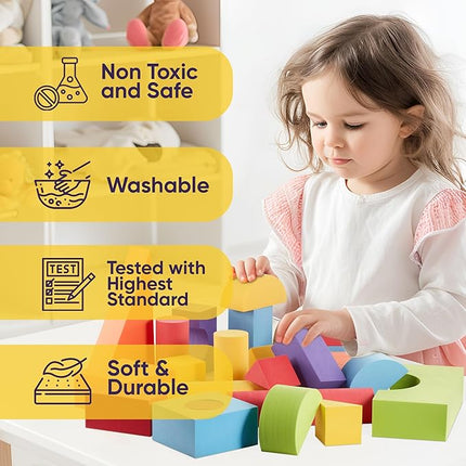 Set of 34 Large Foam Blocks for Toddlers - Stacking Soft Blocks for Kids with Shapes & Colors Learning - Construction Building Preschool Toys - Soft Toy for Daycare Toddlers 3-5 & Above