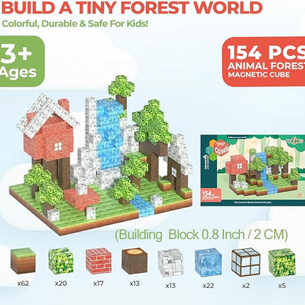 154PCS Magnetic Blocks - Build Animal Forest Set, Magnetic Tiles Building for Boys & Girls Age 3-8, STEM Montessori Sensory Toys for Toddlers Kids Gifts for 3+ Years Old, Construction Toy