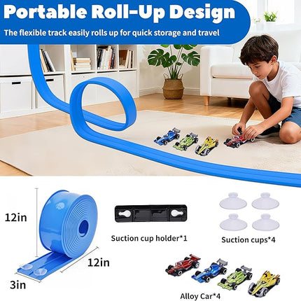 15 Ft Flexible Race Car Track for Kids, Double-Sided Racetrack with Suction Cups, Compatible with Hot Wheels & 1:64 Diecast Cars,Portable Roll Up Track Toy,Gift for Boys Girls Ages 3+ (Blue)