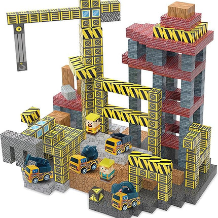 Magnetic Construction Building Blocks Set, 136PCS Tile with 4 Toy Trucks, Education STEM Consrtuction Site Theme Toy for Age 3-5, 6 7 8 9 10 (Construction Set)