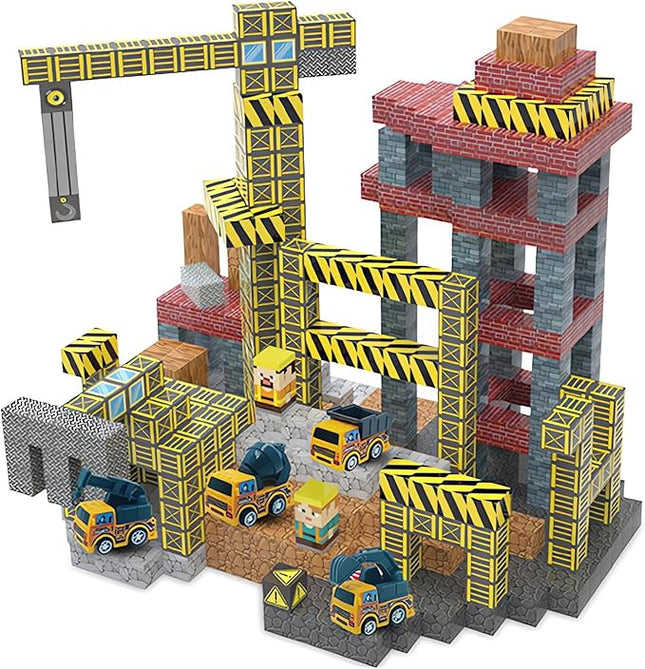 Magnetic Construction Building Blocks Set, 136PCS Tile with 4 Toy Trucks, Education STEM Consrtuction Site Theme Toy for Age 3-5, 6 7 8 9 10 (Construction Set)