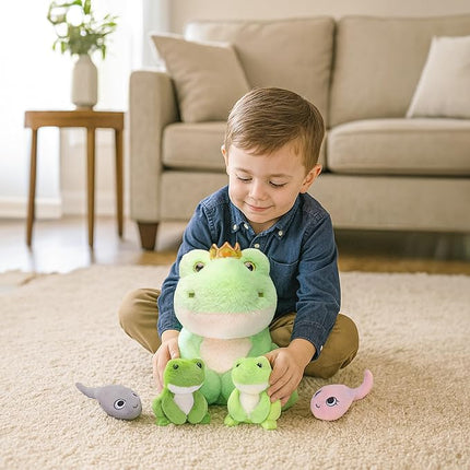 IKASA Mommy Frog Stuffed Animal Mom and Baby Plush Toy, Cute 14" Soft Small Mama Family Set Cuddly Toy with Little Mini Babies,Gifts for Kids