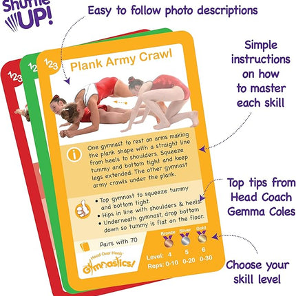 Shuffle Up Gymnastics Card Games - 70+ Fun & Active Skills Cards for Kids, Fitness Cards Develop Fundamentals, Stamina & Strength, Easy to Play for Kids | Multiple Skills Level Card Include 2 Dices