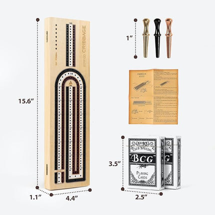 Cribbage Board Game Set, 3-Track Premium Wooden Cribbage Board with Magnetic Lock & Large Storage, 9 Metal Pegs, 2 Decks of Playing Cards - Classic Board Games for Adults Family (Instruction Include)