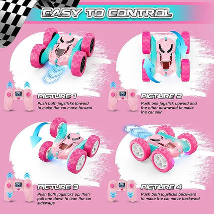 Pink Remote Control Car for Girls - RC Stunt Cars with 4WD Double-Sided Driving 360° Flips Rotating, Off Road Remote Car Outdoor Toys for Kids Age 6 7 8-12, Christmas Birthday Gifts