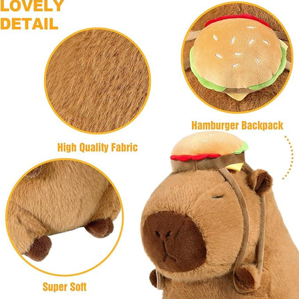 Ditucu Cute Capybara Plush with Hamburger Backpack Soft Capibara Stuffed Animal Plushies Toys Hugging Gifts for Kids Brown 9 inch