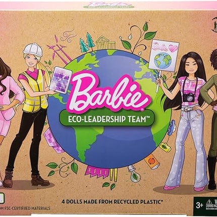 Barbie Eco-Leadership Team 4 Doll Set, Recycled Plastic (Except Head & Hair), Recycled Clothes Fabric, Accessories, Great Gift for Ages 3 Years Old & Up
