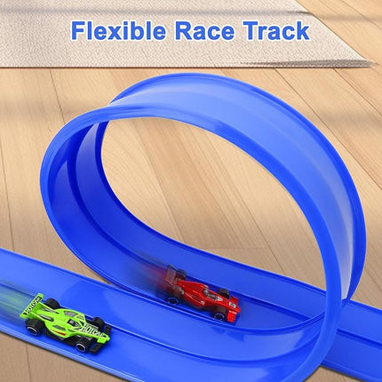 15 Ft Double Sided Flexible Race Track Set with 6 Toy Cars for Kids (Blue)
