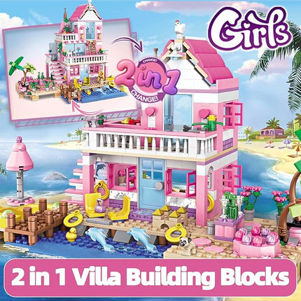 Pink Seaside Beach Villa Friends Building Set Friends Construction Educational Toy 822 Pieces Gifts for Girls Teens Kids Adults Ages 6+