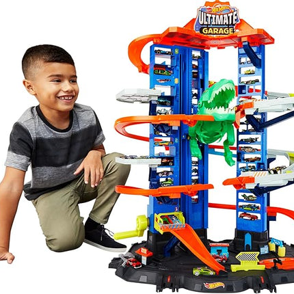 Hot Wheels Ultimate Garage Track Set with 2 Toy Cars, Hot Wheels City Playset with Multi-Level Side-by-Side Racetrack, Moving T-Rex Dino & Storage for 100+ 1:64 Scale Vehicles (Amazon Exclusive)