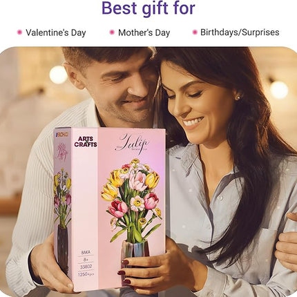 Building Block Flower Bouquet Set, 1250 Pieces, Artificial Tulips and Daisies with Vase, Home Decor Gift