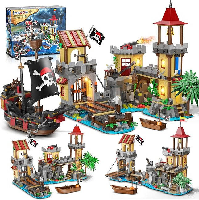 Pirate Castle Building Set with Light, 3 Modes Big Pirates Ship Bay Building Block 1502 PCS, Medieval Pirate Wharf House Construction Model Toy Home Decor for Adults Teens Boys Girls 10+