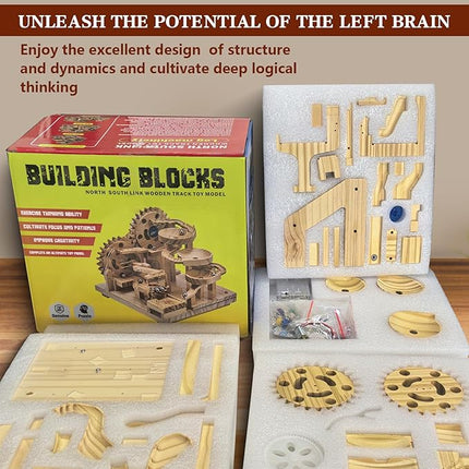 Wooden Marble Run Building Set, Electric Motorized, 41 Blocks, 15 Marbles, 3D Brain Teaser Construction Kit.for Adults and Adolescent to Build (SN-113)