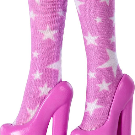 Barbie Deluxe Style Doll #11 in Pink Denim Star-Print Dress with Matching Tights, Black Hair in High Bun, Accessories Like Handbag and Jewelry