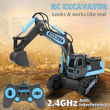 DOUBLE E Remote Control Excavator Toy RC Excavators Rechargeable Battery Digger Hydraulic Construction Toys Vehicles Xmas Gift for Boys Girls Kids 3-14 Years，Gray-Blue