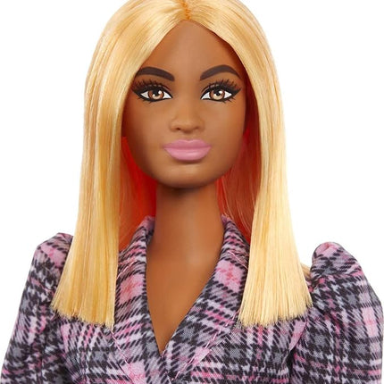 Barbie Fashionistas Doll #161, Curvy with Orange Hair, Pink Plaid Dress & Accessories Including Black Boots & Yellow Fanny Pack