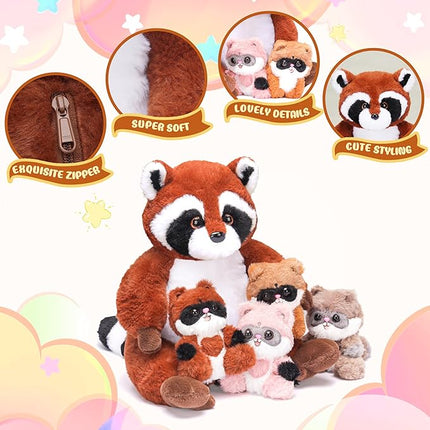 IKASA Mommy Raccoon Stuffed Animal Mom and Baby Plush Toy, Cute 12.5" Soft Mama Family Set with Little Mini Babies,Gifts for Kids