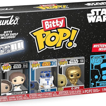Funko Bitty POP! Star Wars - Leia, 4-Pack - Princess Leia, R2-D2, C-3PO and A Surprise Mystery Mini Figure - 0.9 Inch (2.2 Cm) Collectable - Stackable Display Shelf Included - Gift Idea