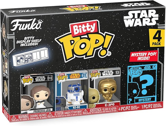 Funko Bitty POP! Star Wars - Leia, 4-Pack - Princess Leia, R2-D2, C-3PO and A Surprise Mystery Mini Figure - 0.9 Inch (2.2 Cm) Collectable - Stackable Display Shelf Included - Gift Idea
