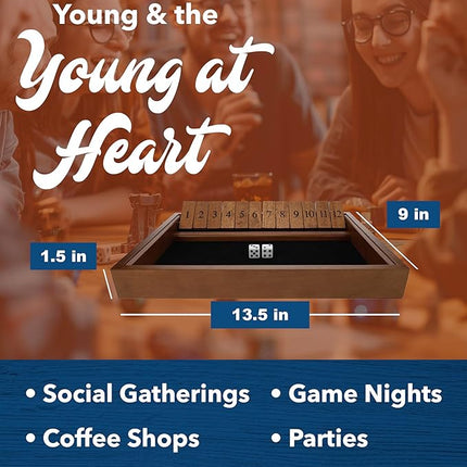 WE Games Wooden Shut The Box - Close The Box Set with 12 Number Tiles & 2 Dice Games - 13.5” Walnut Stained Finish