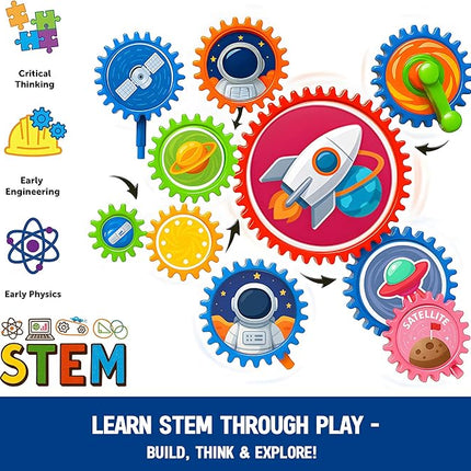 Motorized Spinning Gear Building Toys for Kids, Space Rocket STEM Construction Set, Educational Interlocking Building Blocks Puzzle | Gear Toys for Toddlers Ages 3-8