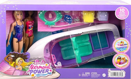 Barbie Mermaid Power Dolls & Toy Boat Playset, "Malibu" & "Brooklyn" in 18-in Floating Boat with See-Through Bottom & Accessories