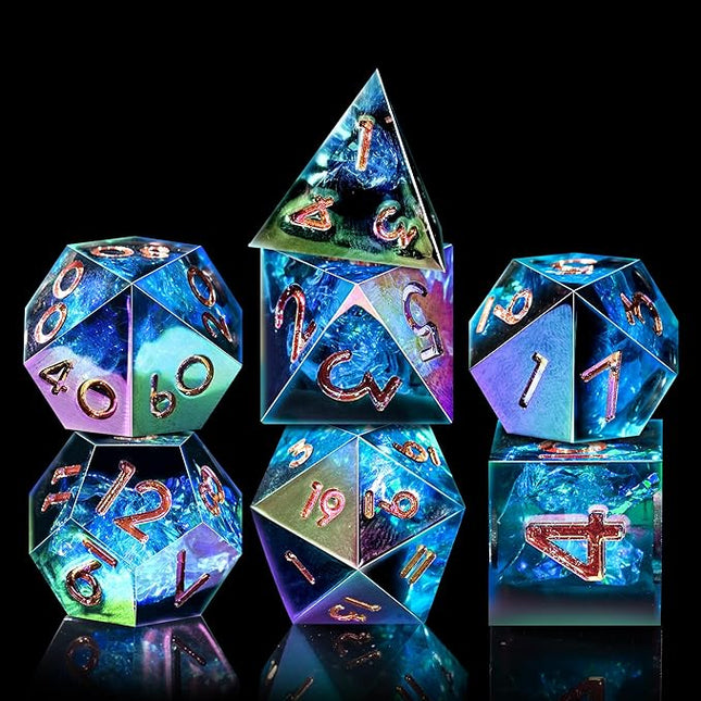 AUSTOR 7-Die DND Dice Set Handmade Sharp Edge Polyhedral Dice for Dungeons and Dragons D&D RPG MTG Table Games（Electroplating Black&Blue,Gold）