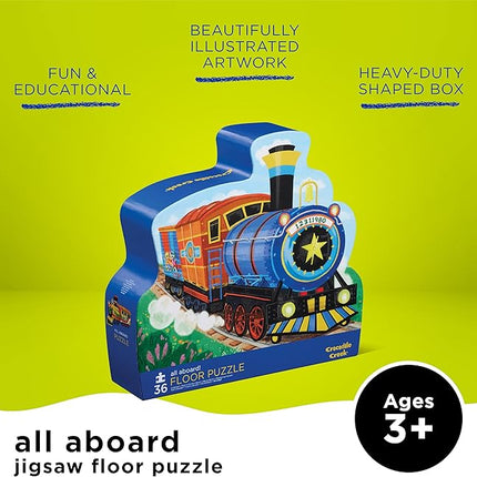 Crocodile Creek 36-Piece Jigsaw Floor Puzzle - Fun Floor Puzzles for Kids Ages 3-5 - Heavy-Duty Shaped Box for Storage - All Aboard - 24" W x 18" H Finished