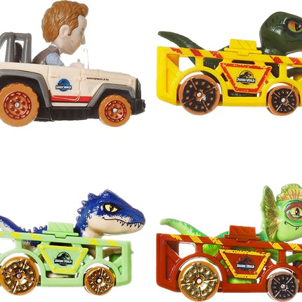 Hot Wheels Toy Cars, RacerVerse 4-Pack of Die-Cast Vehicles Featuring Jurassic World Characters Charlie, Owen, Dilophosaurus & Allosaurus as Drivers