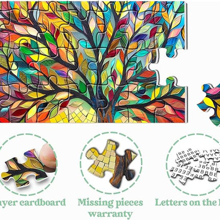 Stained Glass Tree of Life Puzzles for Adults 1000 Pieces, Impossible Challenging Hard Jigsaw Puzzles, Colorful Mosaic Tree of Life Puzzle as Plant Decor