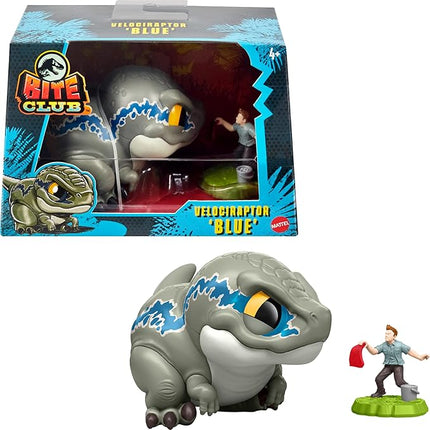 Mattel Jurassic World Bite Club Dinosaur Action Figure & Accessory, Velociraptor 'Blue' Chubby-Stylized Toy Dino Collectible