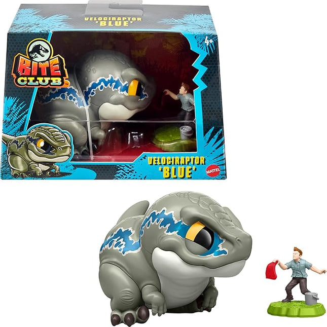 Mattel Jurassic World Bite Club Dinosaur Action Figure & Accessory, Velociraptor 'Blue' Chubby-Stylized Toy Dino Collectible