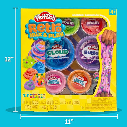 Play-Doh Retro Mix & Play Scented Compounds – Cloud, Butter, Foam, Super Stretch, Sensory Dough, Kit, Gifts for Kids, Sensory Toys, Party Favors for Kids 8-12, Playdoh Compound Packs