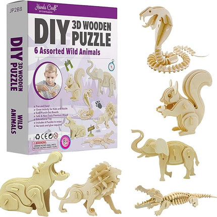 Hands Craft DIY 3D Wooden Puzzle – 6 Assorted Wild Animals Bundle Pack Set Brain Teaser Puzzles Educational STEM Toy Adults and Kids to Build Safe and Non-Toxic Easy Punch Out Premium Wood JP2B8