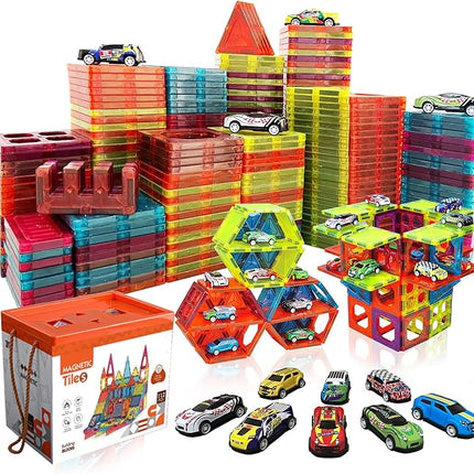 Magnetic Tiles Parking Building Playset with 10 Pull-Back Metal Cars for Kids Construction STEM Toy Preschool Creativity Learning Birthday Gift for Girls Boys Toddlers 3 4 5 6 7 8