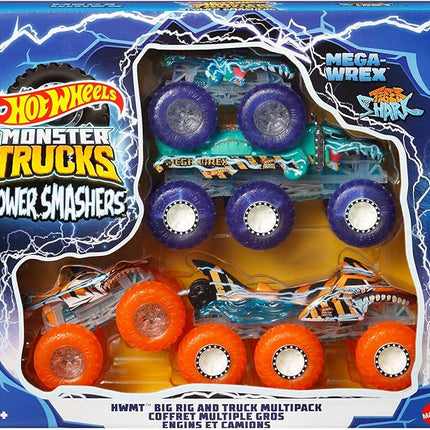 Hot Wheels Monster Trucks Multipack, 1:64 Scale Mega-Wrex & Tiger Shark Toy Trucks with Big Rigs in Matching Power Smashers Deco
