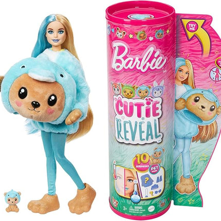 Barbie Cutie Reveal Doll & Accessories with Animal Costume & 10 Surprises Including Color Change, Teddy Bear as Dolphin in Costume-Themed Series