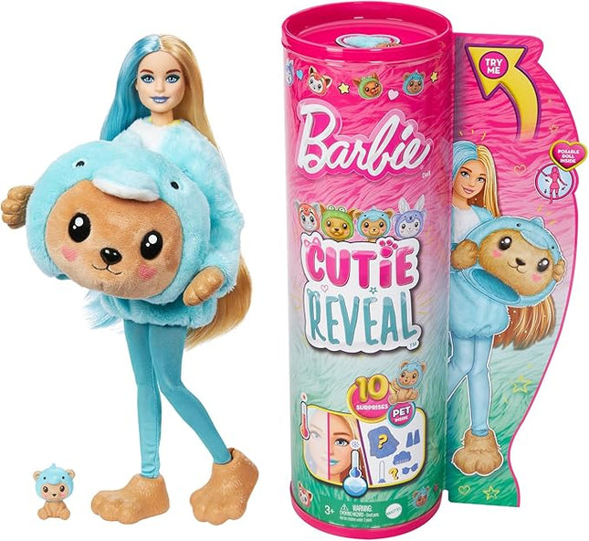 Barbie Cutie Reveal Doll & Accessories with Animal Costume & 10 Surprises Including Color Change, Teddy Bear as Dolphin in Costume-Themed Series
