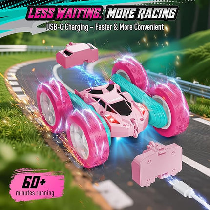 Pink RC Car for Girls, 360° Spinning Stunt Remote Control Vehicle with Lights, Upgraded 4WD Toy Rechargeable via USB-C, 2.4GHz Fast Electric Gift for Girls Age 6+ (Pink)