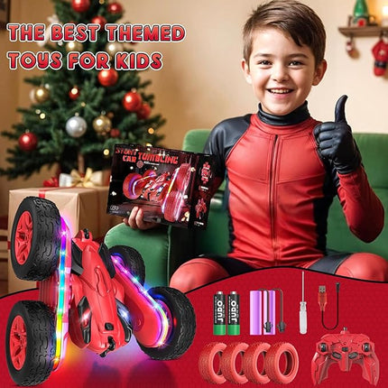 Remote Control Car,RC Cars with Sides Light Strip and Headlights,Double Sided 360 Flips Rotating RC Stunt Car,2.4Ghz All Terrain Toys for Ages 5-7 Kids Toy for Boys Girls Birthday Gift(Red)