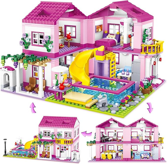 Pink Girls Summer Villa Friends Building Set Compatible with Lego Friends Construction Educational Toy for Kids Age 8-12 and Up 1018 PCS