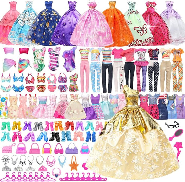 100 Pcs Doll Clothes and Accessories - 5 Wedding Gowns 10 Slip Dresses 2 Fashion Dresses 2 Tops 2 Pants 2 Bikini Swimsuits 10 Shoes and Accessories for 11.5 inch Dolls,Doll Dress up Toys for Girl Gift