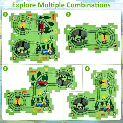 25PCS Puzzle Racer Kids Car Track Set, Jungle Themed Series, Educational Car Puzzle Toys Gifts for Kids and Boys