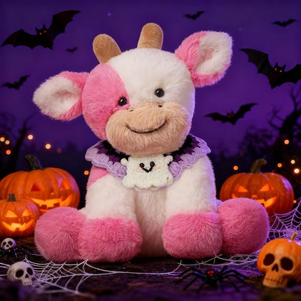 Hopearl Adorable Halloween Plush Cow Toy with Knitted Cute Ghost Bib Floppy Dairy Cattle Soft Stuffed Animal Gifts for Boys Girls Kids Toddlers, Pink, 9''