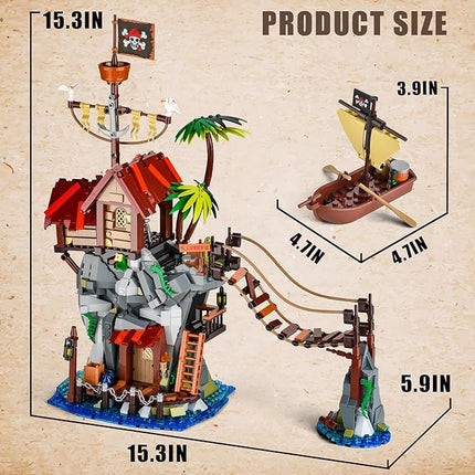 Pirate Cabin Building Sets for Adults,Pirate's House with Bridge and Ship in Island,Medieval Castle Skull Building Block Toy for Home Decor,Ideal Gift for Men Teens Kids Boys 8+(1044PCS)