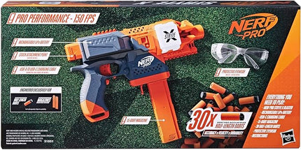 NERF Pro Stryfe X Dart Semi-Auto Blaster, Rechargeable LiPo Battery, 30 AccuStrike Half-Length Darts, 15-Dart Magazine, 150 FPS, Eyewear, 14+ (Amazon Exclusive)