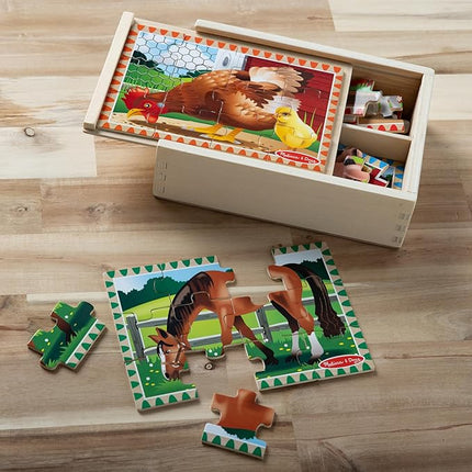 Melissa & Doug 4‑in‑1 Wooden Farm Jigsaw Puzzle Set, 48 Pieces with Storage Box, Toddler Puzzle Toy for Kids Ages 3+