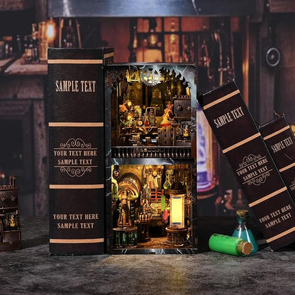 Book Nook Kit, Steampunk DIY Booknook Kits for Adults and Teens, 3D Wooden Puzzle Bookend Miniature Dollhouse Kit Creative Bookshelf Insert Decor with LED Light (Mad Scientist's Lab)