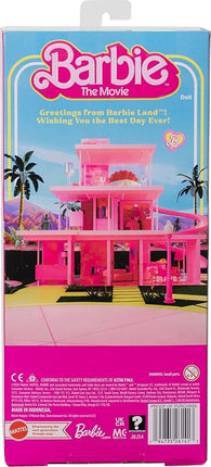 Barbie The Movie Ken Doll Wearing Pastel Pink and Green Striped Beach Matching Set with Surfboard and White Sneakers